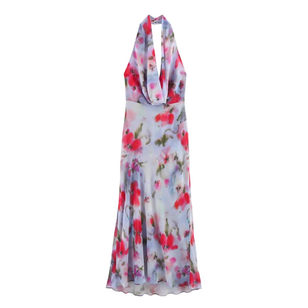 Printed V-Neck Pleated Maxi Dress